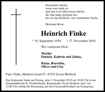 Traueranzeige von Heinrich Finke von Tageszeitung