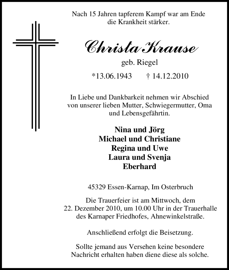  Traueranzeige für Christa Krause vom 18.12.2010 aus Tageszeitung