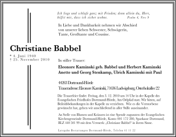 Traueranzeige von Christiane Babbel von Tageszeitung