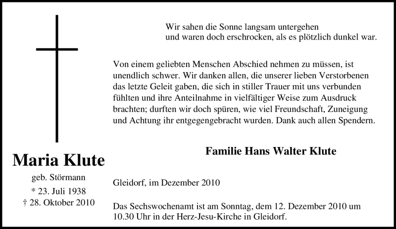  Traueranzeige für Maria Klute vom 08.12.2010 aus Tageszeitung