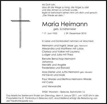 Traueranzeige von Maria Heimann von Tageszeitung