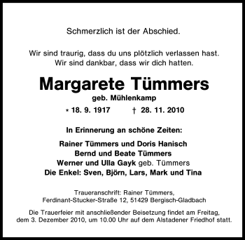 Traueranzeige von Margarete Tümmers von Tageszeitung