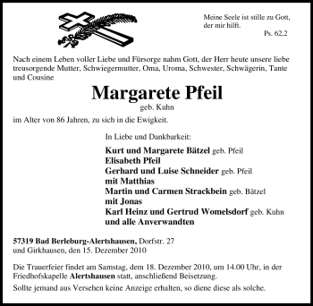 Traueranzeige von Margarete Pfeil von Tageszeitung