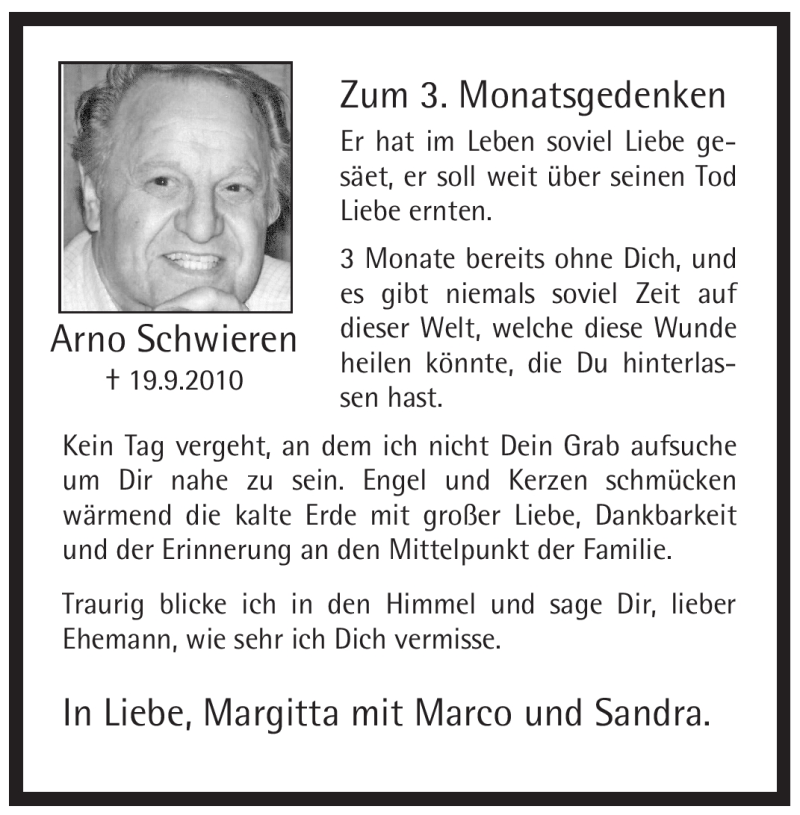  Traueranzeige für Arno Schwieren vom 18.12.2010 aus Tageszeitung