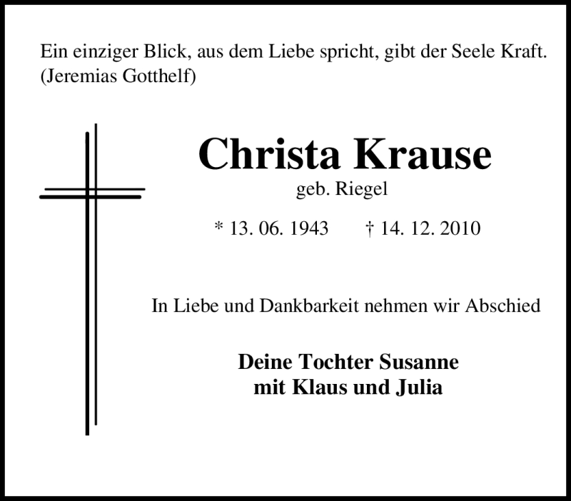  Traueranzeige für Christa Krause vom 18.12.2010 aus Tageszeitung