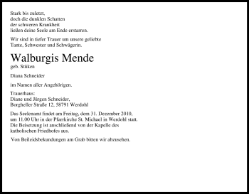 Traueranzeige von Walburgis Mende von Tageszeitung