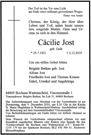 Traueranzeige von Cäcilie Jost von Tageszeitung