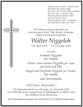 Traueranzeige von Walter Niggeloh von Tageszeitung