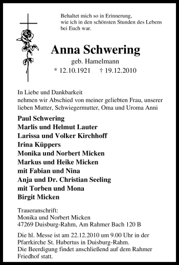 Traueranzeige von Anna Schwering von Tageszeitung