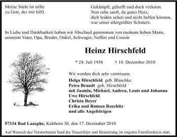 Traueranzeige von Heinz Hirschfeld von Tageszeitung