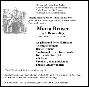 Traueranzeige von Maria Brüser von Tageszeitung