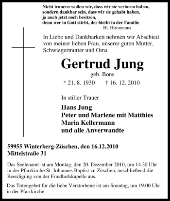 Traueranzeige von Gertrud Jung von Tageszeitung
