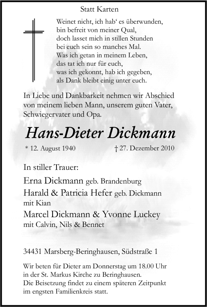  Traueranzeige für Hans-Dieter Dickmann vom 29.12.2010 aus Tageszeitung