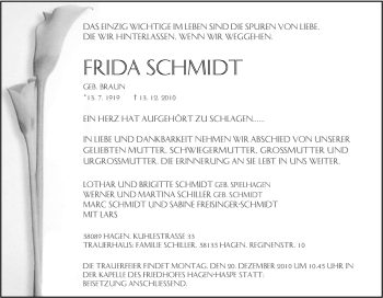 Traueranzeige von Frida Schmidt von Tageszeitung