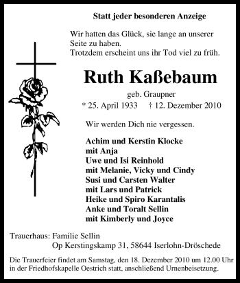 Traueranzeige von Ruth Kaßebaum von Tageszeitung