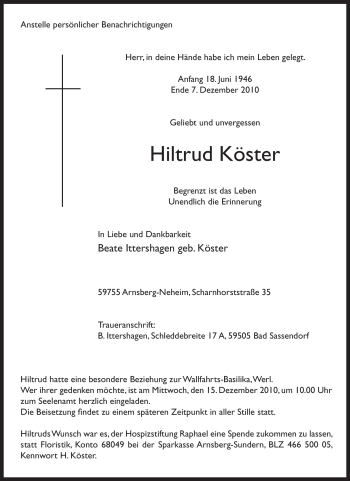 Traueranzeige von Hiltrud Köster von Tageszeitung