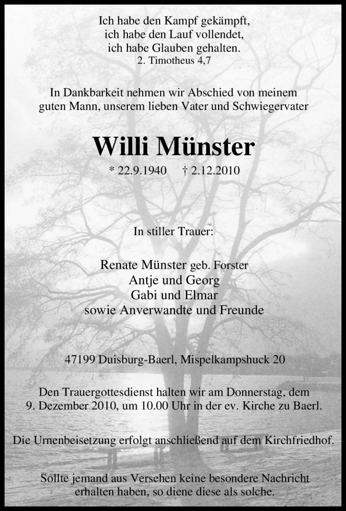  Traueranzeige für Willi Münster vom 07.12.2010 aus Tageszeitung