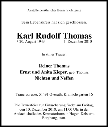 Traueranzeige von Karl Rudolf Thomas von Tageszeitung