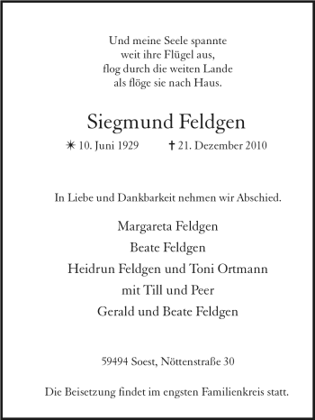 Traueranzeige von Siegmund Feldgen von Tageszeitung