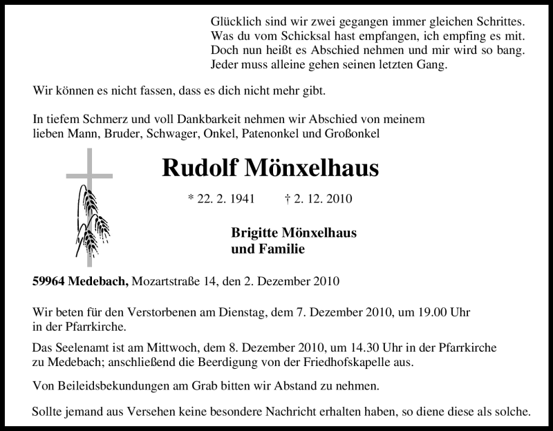  Traueranzeige für Rudolf Mönxelhaus vom 04.12.2010 aus Tageszeitung