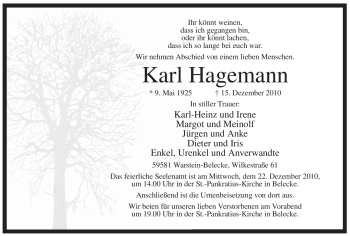 Traueranzeige von Karl Hagemann von Tageszeitung