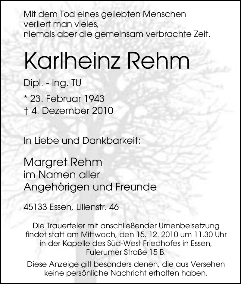  Traueranzeige für Karlheinz Rehm vom 11.12.2010 aus Tageszeitung