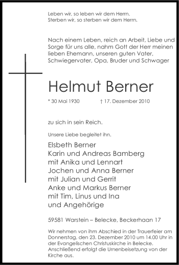 Traueranzeige von Helmut Berner von Tageszeitung