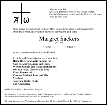 Traueranzeige von Margret Sackers von Tageszeitung