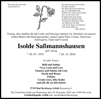 Traueranzeige von Isolde Saßmannshausen von Tageszeitung