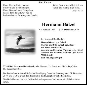 Traueranzeige von Hermann Bätzel von Tageszeitung