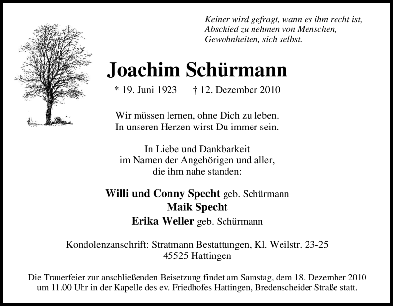 Traueranzeige für Joachim Schürmann vom 16.12.2010 aus Tageszeitung