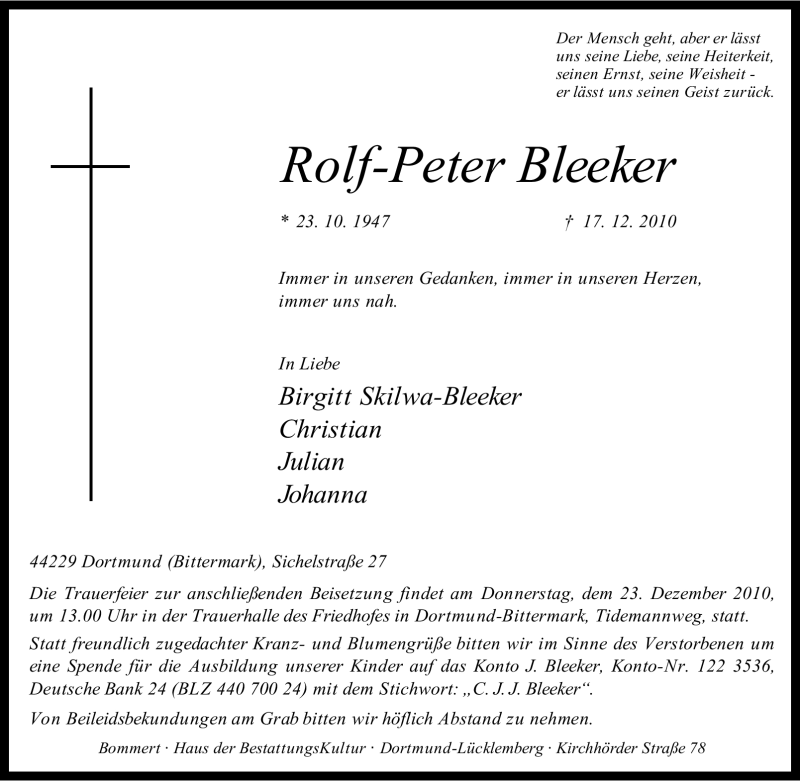  Traueranzeige für Rolf-Peter Bleeker vom 21.12.2010 aus Tageszeitung