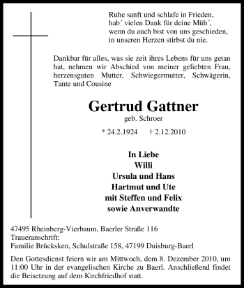 Traueranzeige von Gertrud Gattner von Tageszeitung
