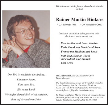 Traueranzeige von Rainer Martin Hinkers von Tageszeitung