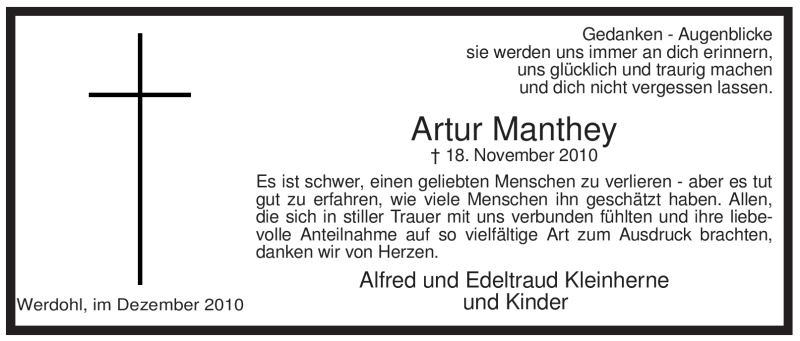  Traueranzeige für Artur Manthey vom 18.12.2010 aus Tageszeitung