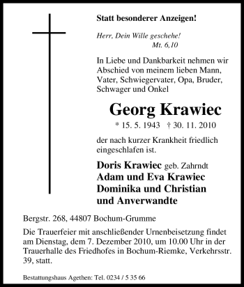 Traueranzeige von Georg Krawiec von Tageszeitung
