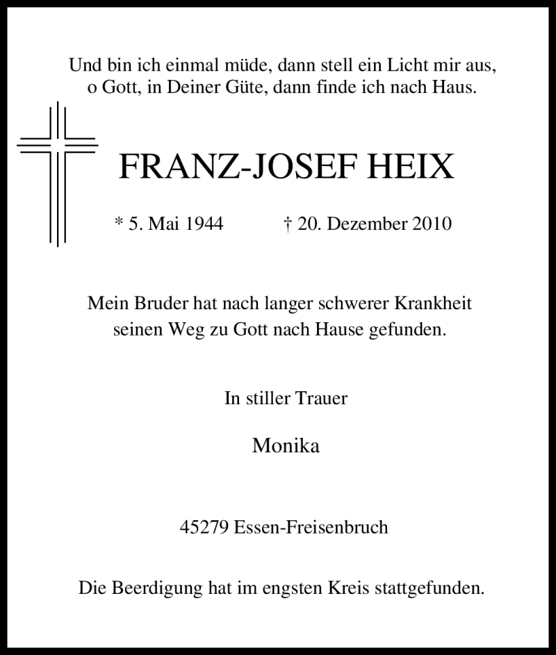  Traueranzeige für Franz-Josef Heix vom 29.12.2010 aus Tageszeitung