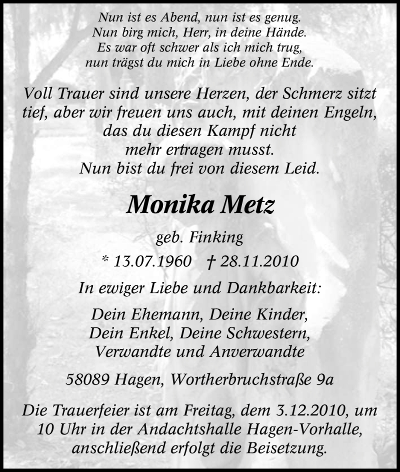  Traueranzeige für Monika Metz vom 01.12.2010 aus Tageszeitung