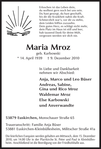 Traueranzeige von Maria Mroz von Tageszeitung