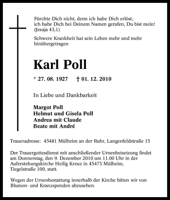 Traueranzeigen von Karl Poll TrauerinNRW.de