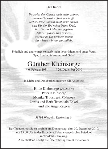 Traueranzeige von Günther Kleinsorge von Tageszeitung