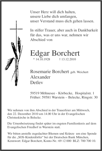 Traueranzeige von Edgar Borchert von Tageszeitung