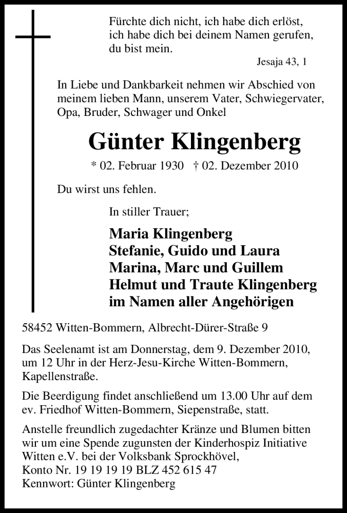  Traueranzeige für Günter Klingenberg vom 06.12.2010 aus Tageszeitung