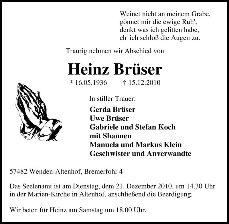  Traueranzeige für Heinz Brüser vom 17.12.2010 aus Tageszeitung