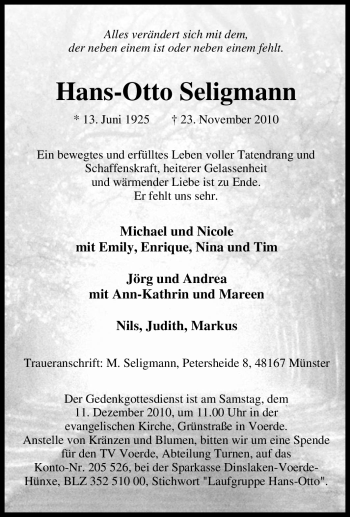 Traueranzeige von Hans-Otto Seligmann von Tageszeitung