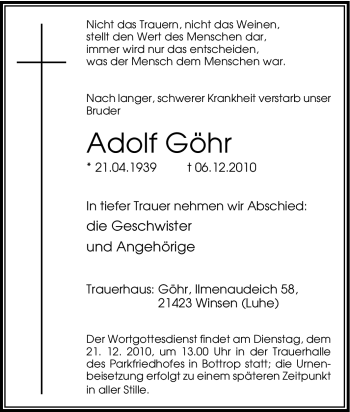 Traueranzeige von Adolf Göhr von Tageszeitung