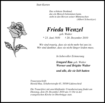 Traueranzeige von Frieda Wenzel von Tageszeitung