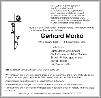 Traueranzeige von Gerhard Marko von Tageszeitung
