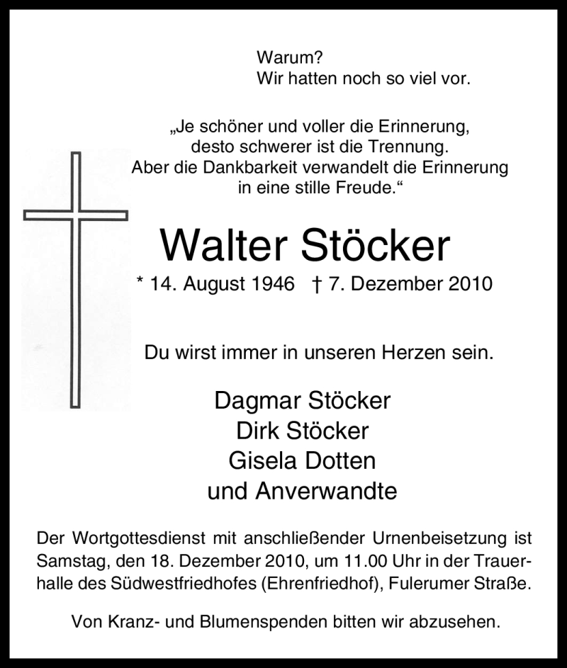  Traueranzeige für Walter Stöcker vom 15.12.2010 aus Tageszeitung