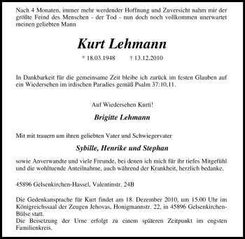 Traueranzeige von Kurt Lehmann von Tageszeitung